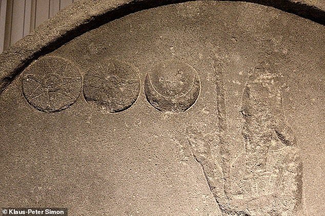 Archaeologists also determined that the scene includes 26 lines of cuneiform script, an ancient system of written used in the Middle East, making these the longest inscription ever found in the kingdom of Babylonia. Pictured is a different carving of king Nabonidus